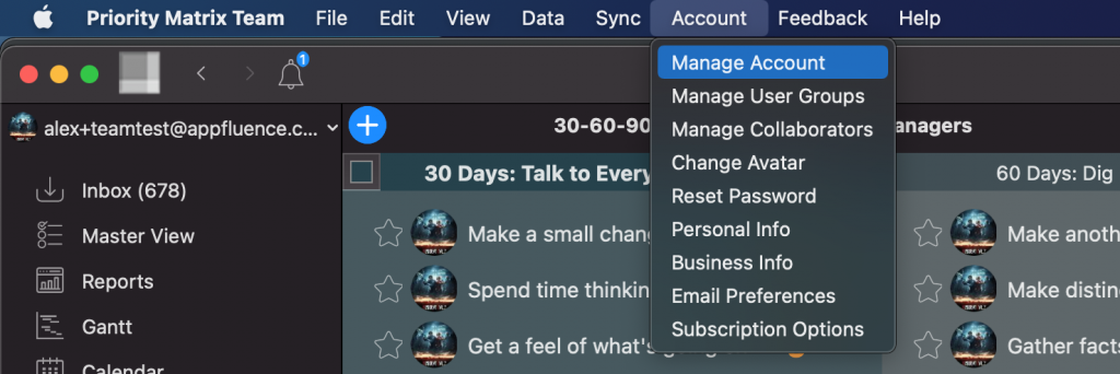 Manage account on Priority Matrix Mac