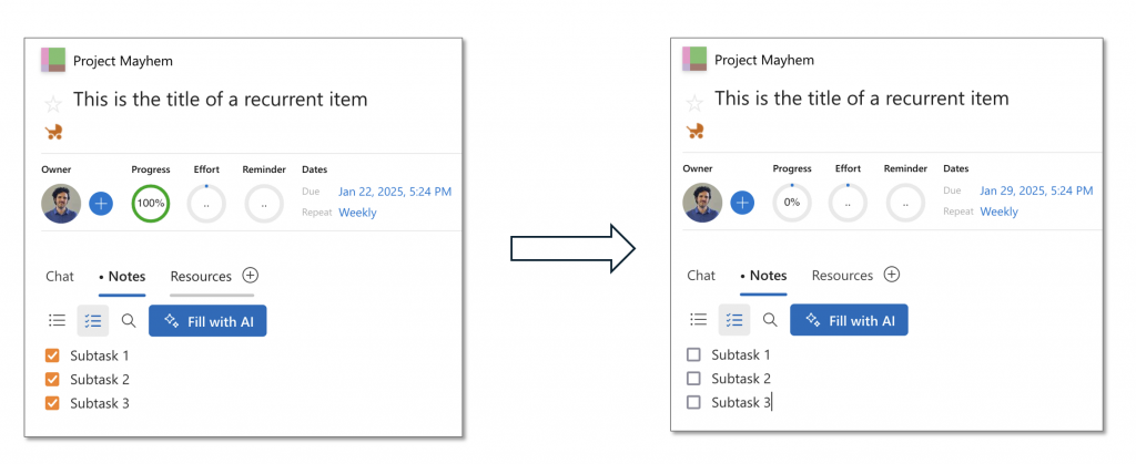 New instances of a recurrent Priority Matrix task start fresh with cleared subtasks