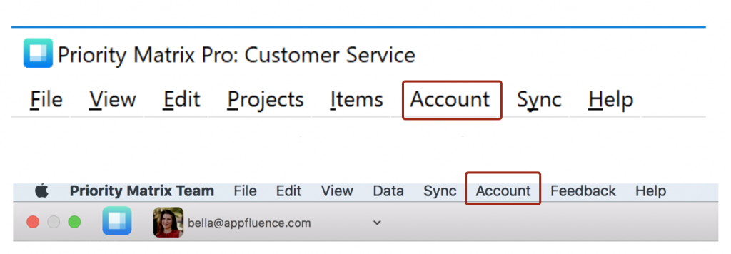 Select account on Priority Matrix tool bar