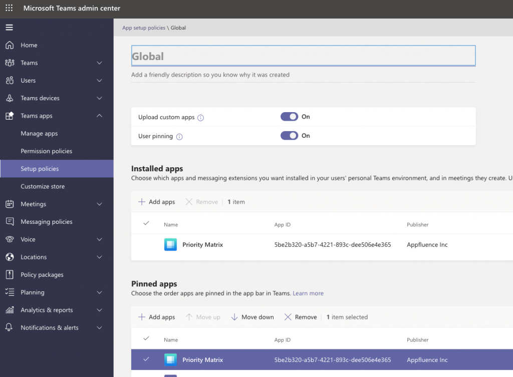 Priority Matrix installed and pinned, as shown in the Microsoft Teams Admin Center