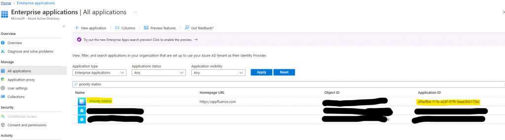 Find Priority Matrix among your registered Enterprise Applications.