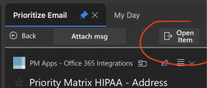 Outlook email as a Priority Matrix item, accessible from any email in the same thread