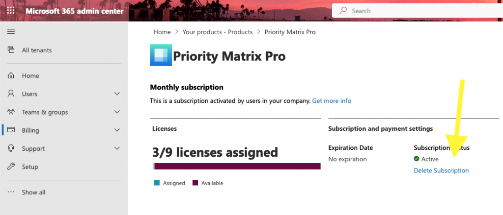Cancelling Priority Matrix using the Microsoft subscriptions system