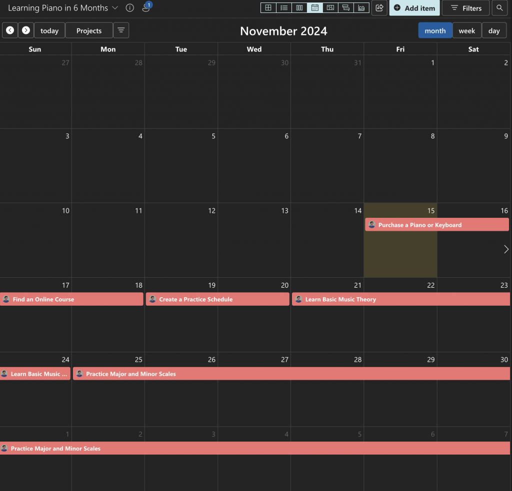 Priority Matrix project in calendar mode