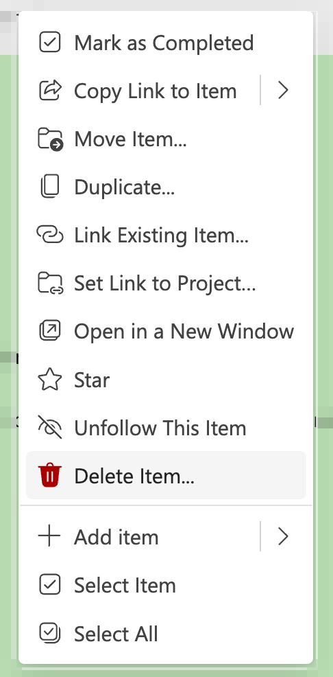 Deleting a Priority Matrix item using the context menu