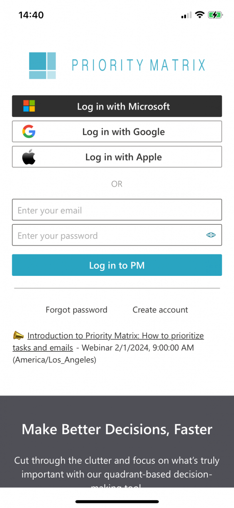 The Priority Matrix login screen in iOS and Android