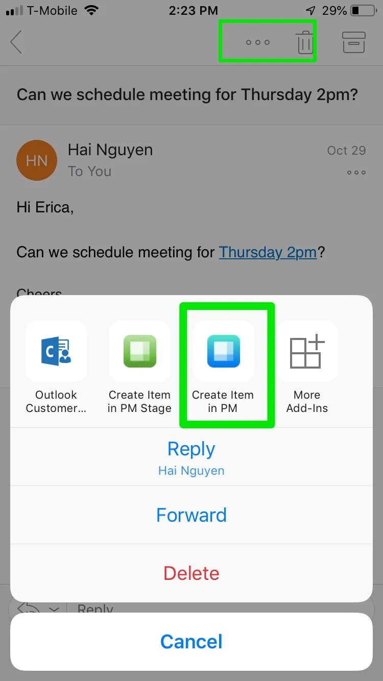 integrate Outlook emails with Priority Matrix mobile app 