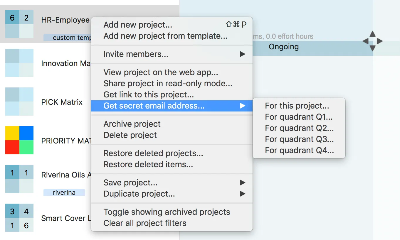 Forward email to project/quadrant 