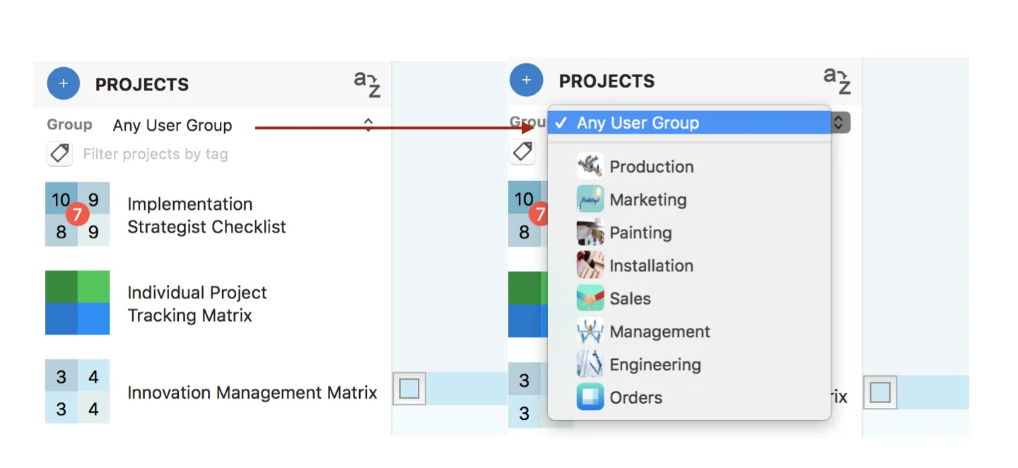 Filter projects by user groups