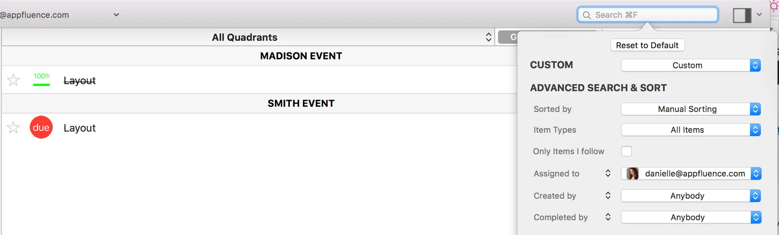 Filter tasks priority matrix