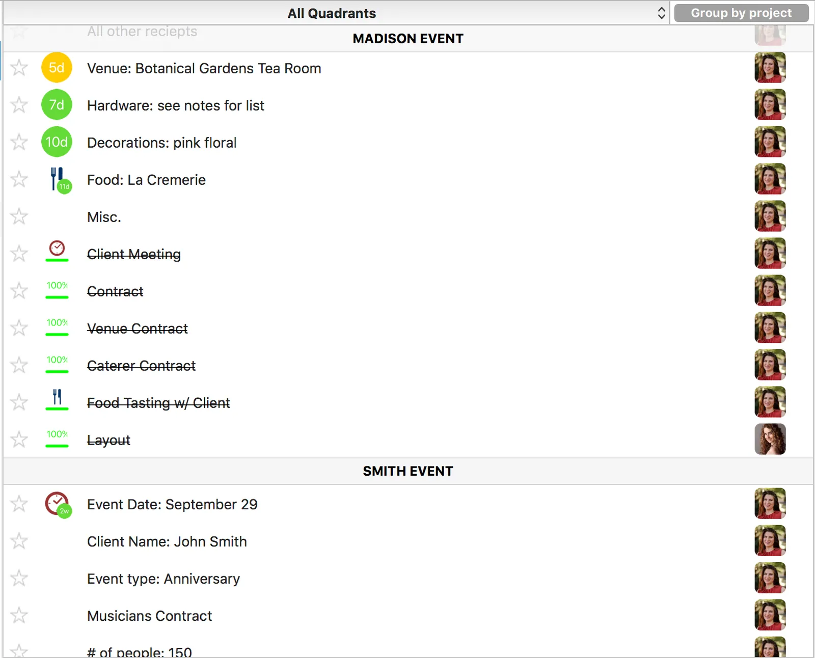 Master list view Priority Matrix for event planning