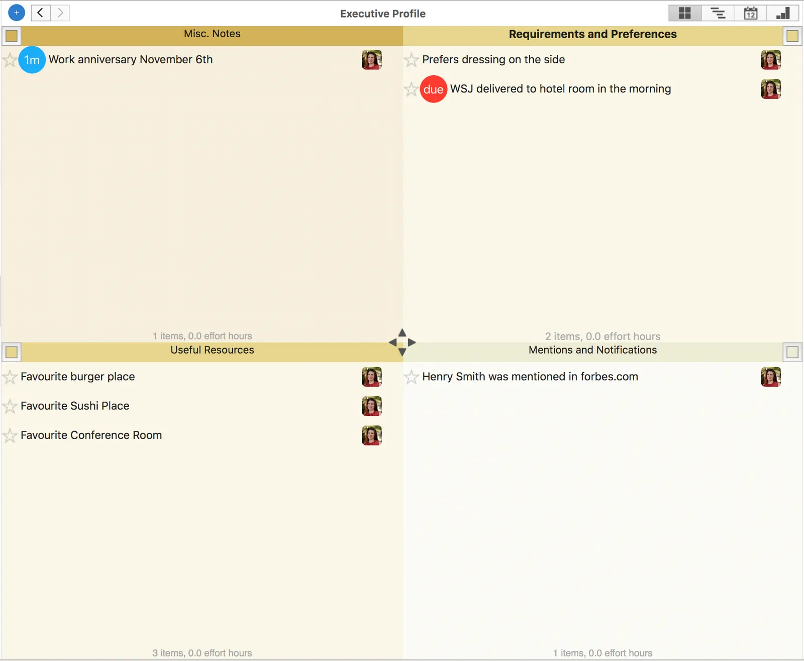 Executive assistant profile template for notes