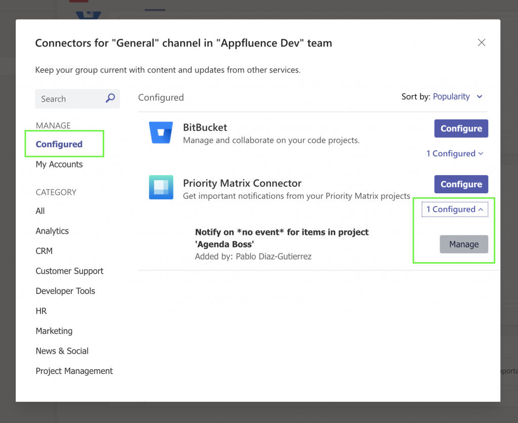 Managing an installed Teams connector