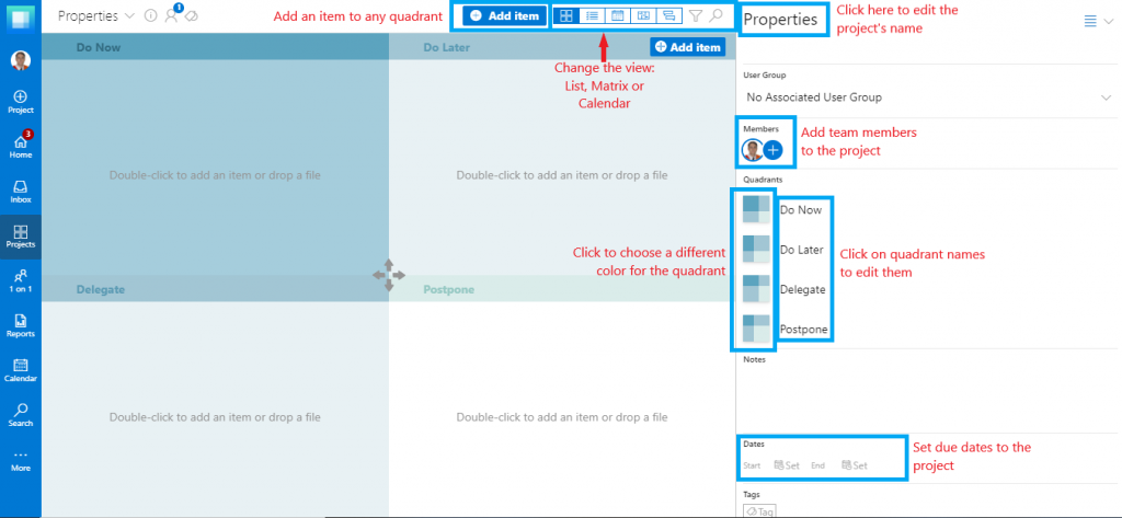 Priority Matrix basic project features