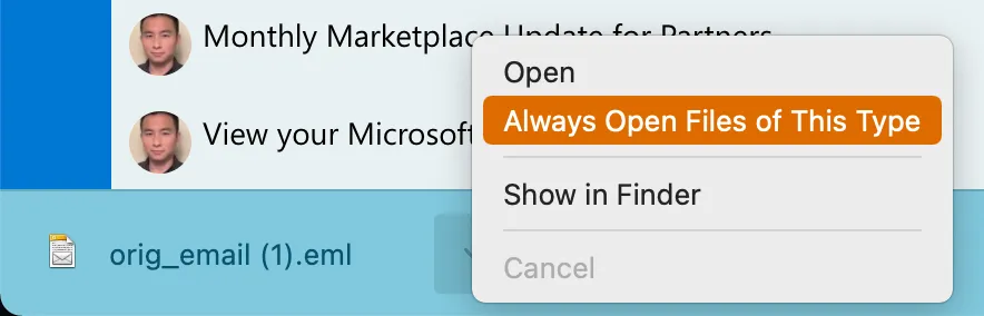 Tell Chrome to always open files of a given type. For example, email messages.