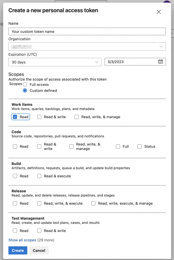 Azure DevOps personal access token configuration