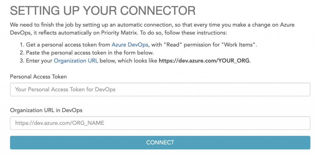 Setting up the Azure DevOps task connector for Priority Matrix