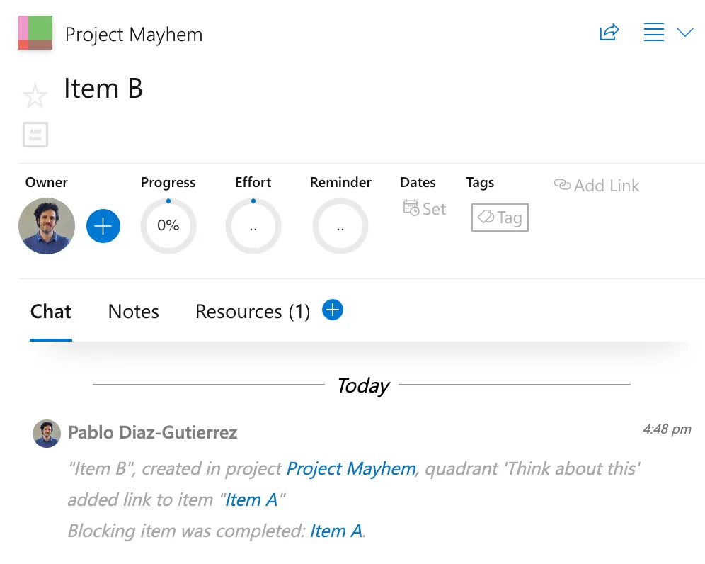 Priority Matrix notification system indicating that a blocking item is now complete