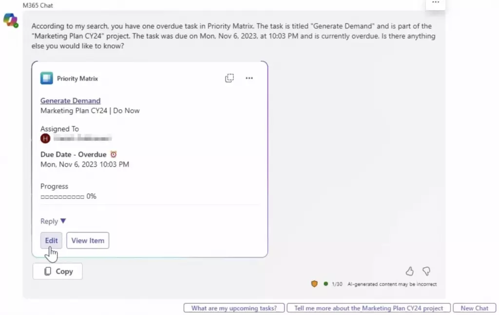 Interactive with Priority Matrix cards in M365 Copilot