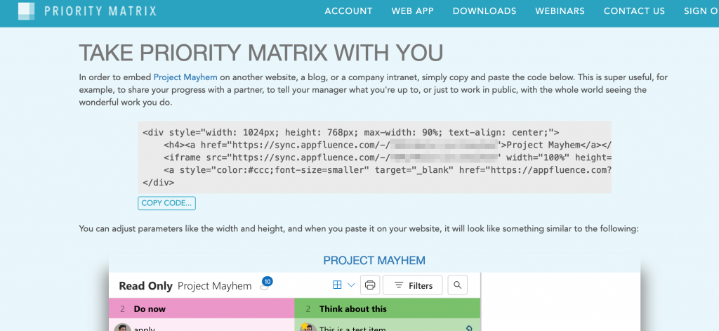 HTML code to embed a Priority Matrix project