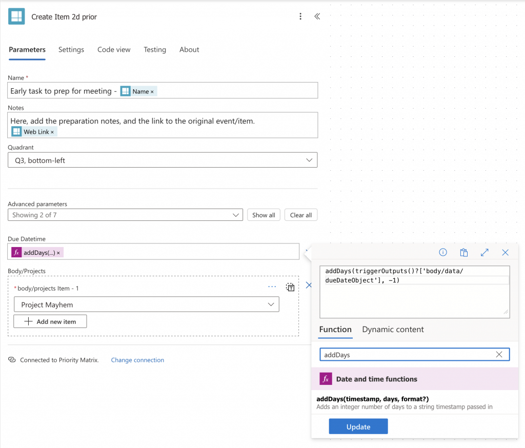 Configuring the newly created Priority Matrix item to prepare for an upcoming event